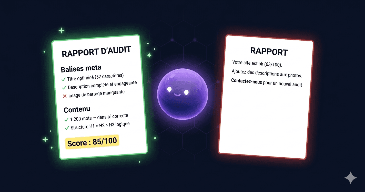 Geo compare un rapport d'audit détaillé et structuré avec un résumé vide et minimal