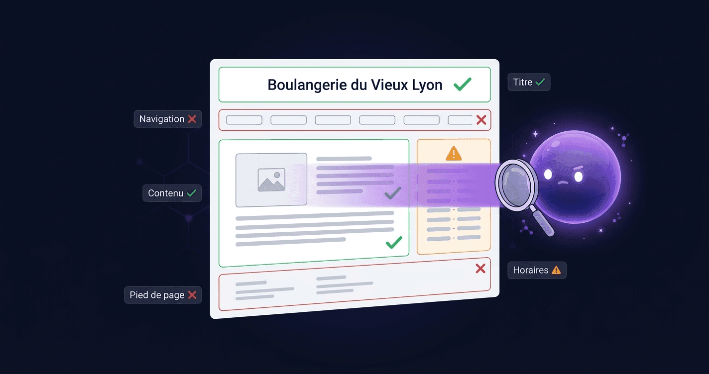 Geo analyse un site web avec une loupe, vérifiant chaque section