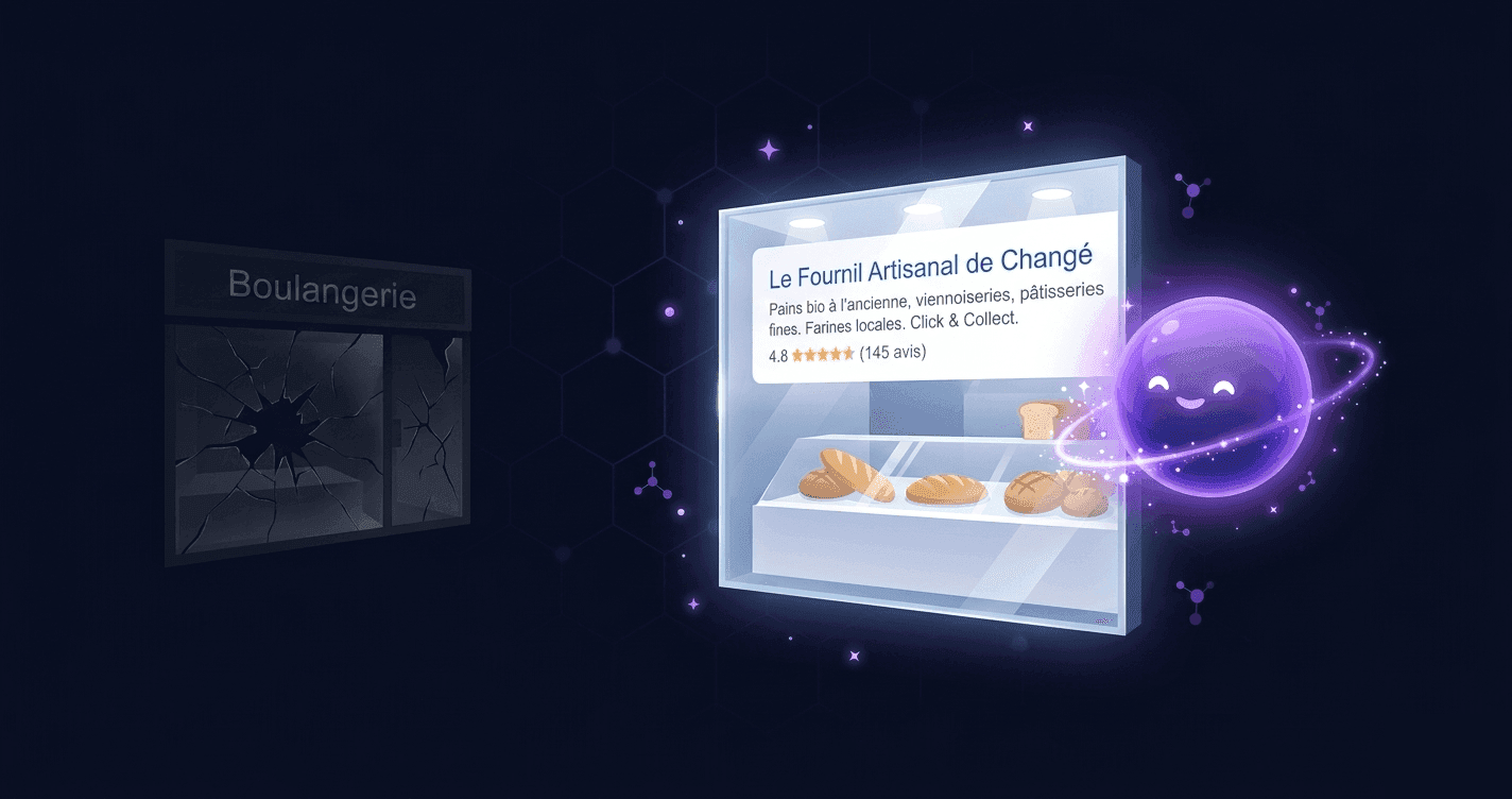 Geo devant une vitrine de boulangerie bien présentée vs une vitrine cassée — métaphore des balises meta
