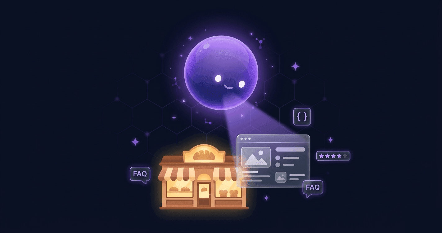 Geo, la mascotte TryGEO, scanne le site d'une boulangerie pour analyser sa visibilité IA